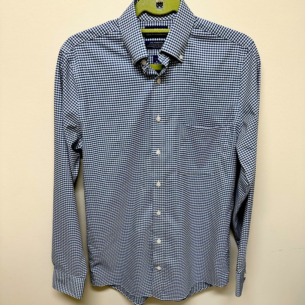 Teen boy navy and white dress shirt.